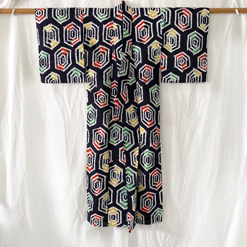 Vintage Japanese Cotton Yukata - Black with Multi-colored Hexagon